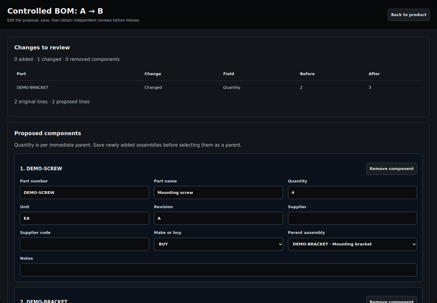 NIV demonstration screen: Edit and save the proposal