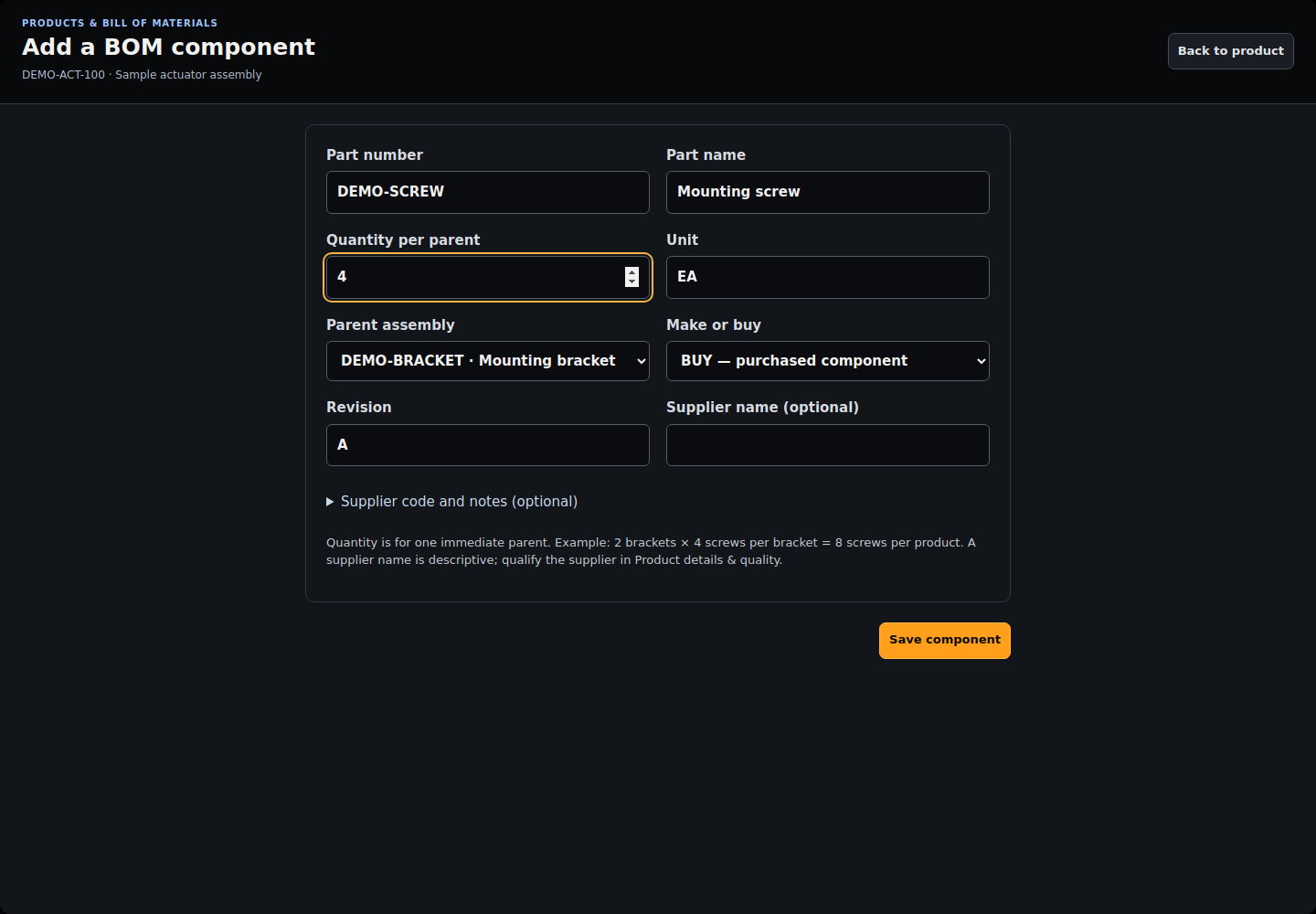 NIV demonstration screen: Add a child component