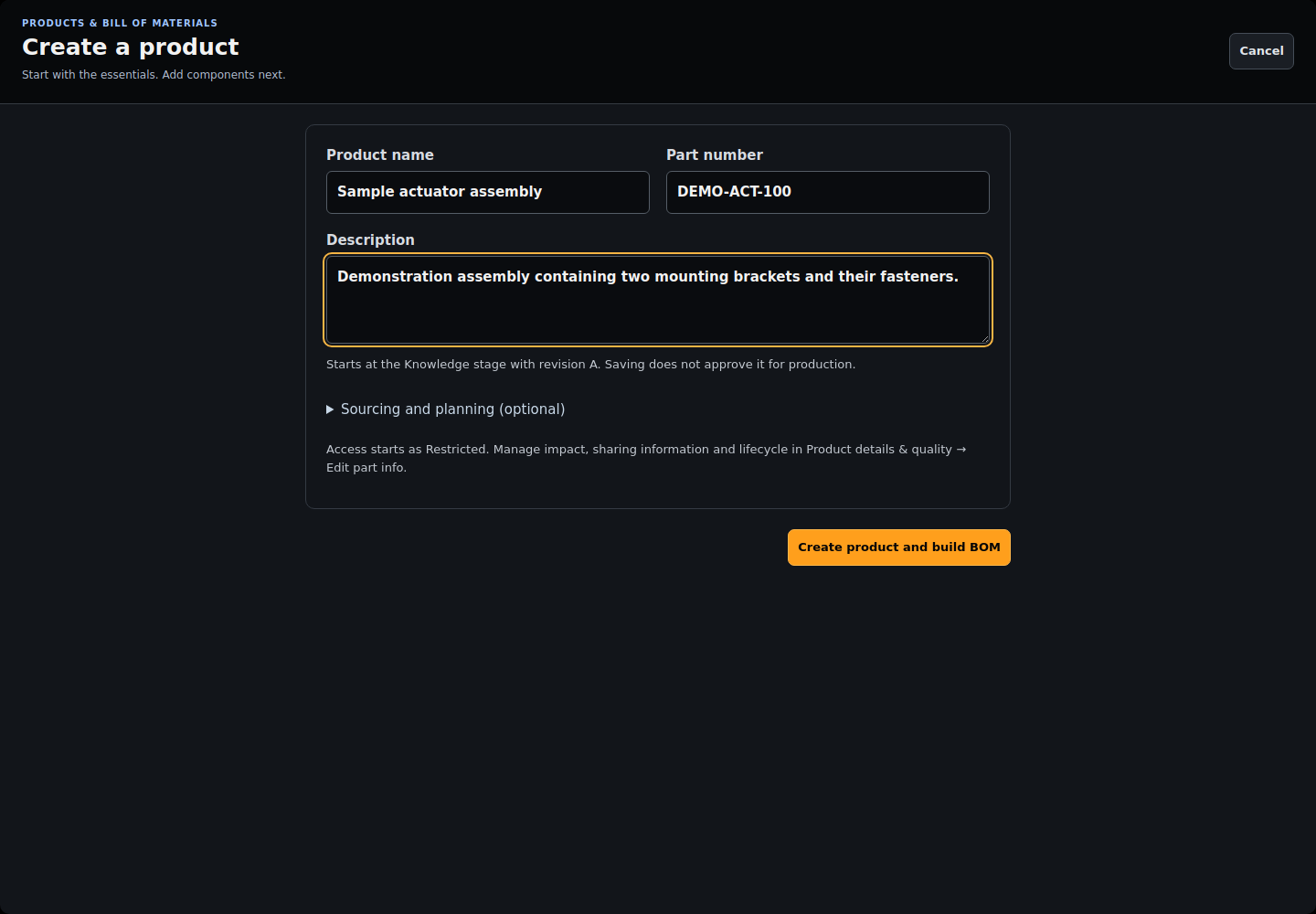 NIV demonstration screen: Create the product